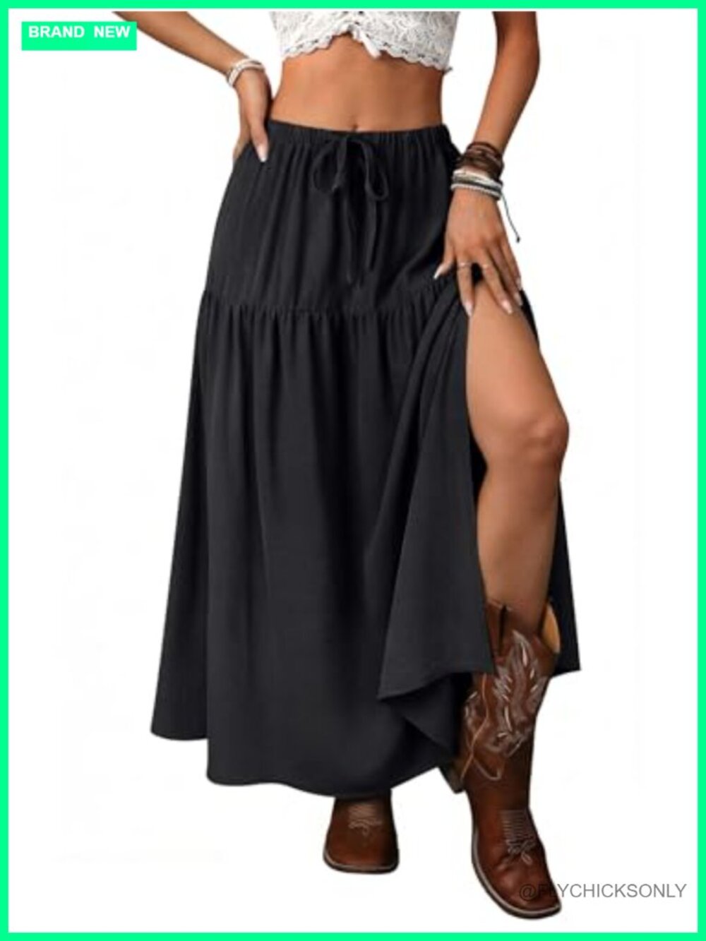 Boho Maxi Skirt with Slit Ruffle Hem Pockets Drawstring Waist